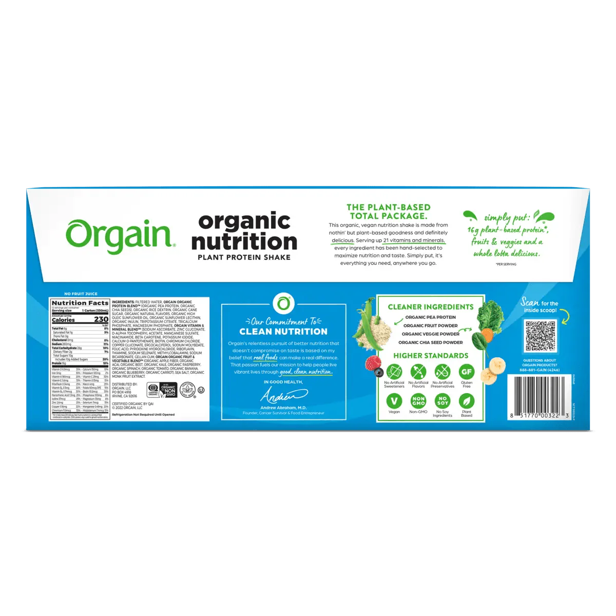 Orgain Organic Vegan Plant Based Nutritional Shake, Vanilla, CS/12